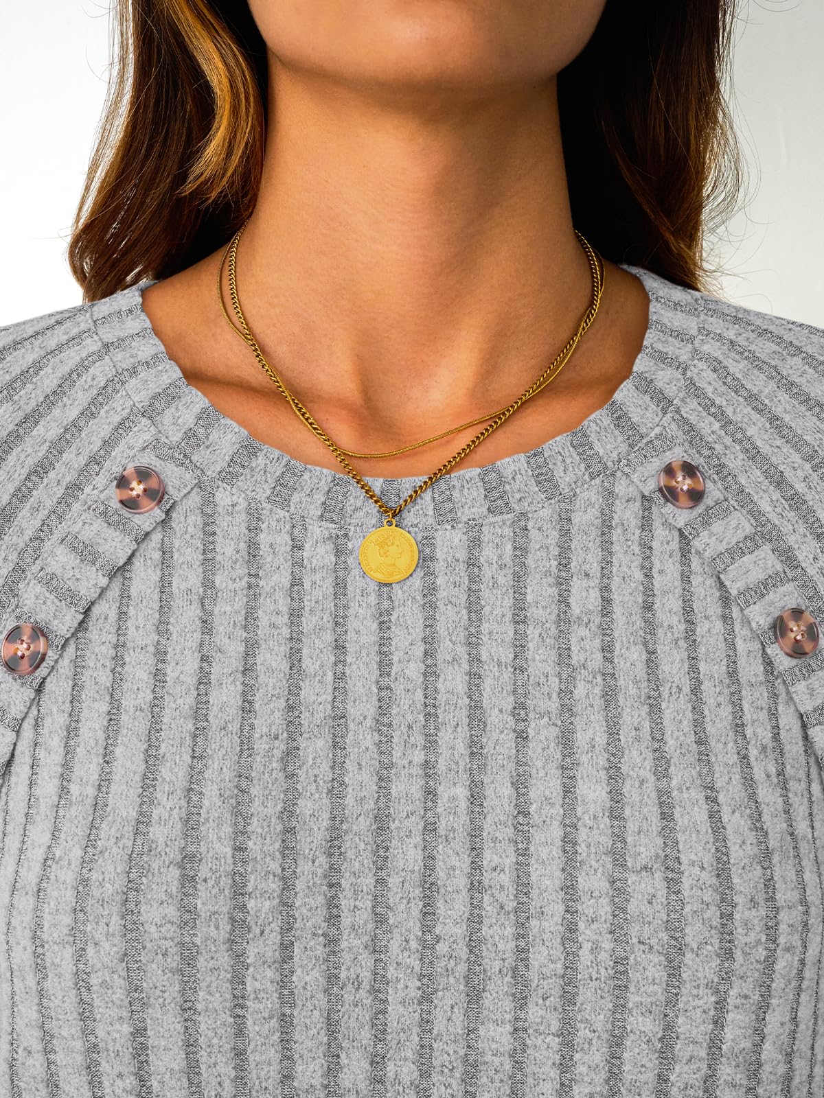 Women's Long Sleeve Tops - Fall Lightweight Sweaters with Shoulder Buttons