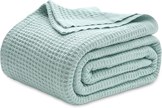 Bedsure 100% Cotton Blanket King Size for Bed - Breathable and Soft, Waffle Weave Blanket for Summer, Thick Cozy Fall Blankets for Women Gift, Mint, 104x90 inches