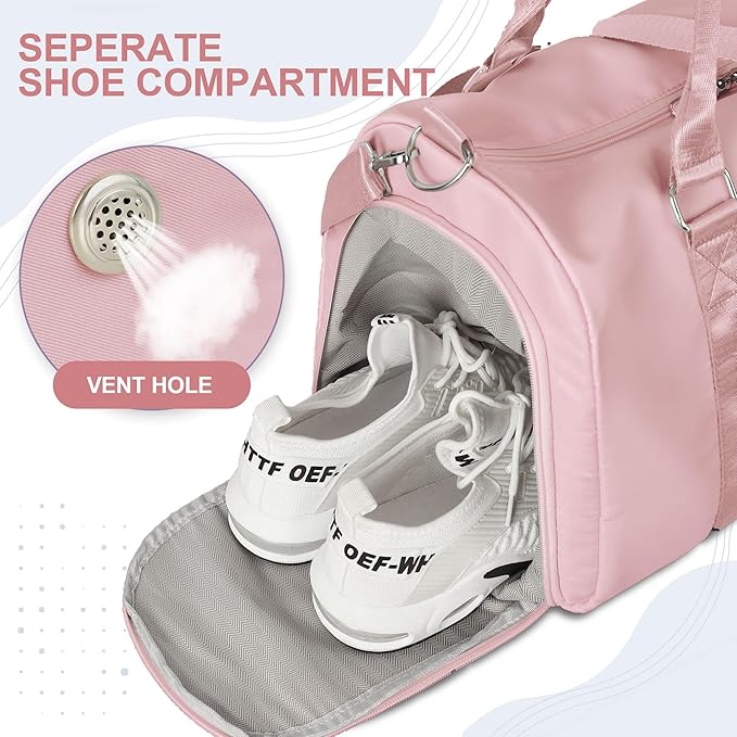 FIORETTO Womens Gym Tote Duffle Bag with Wet Pocket & Shoe Compartment, Sports Duffel Overnight Weekender Hospital Workout Carry on Bag for Girls, Ideal for Travel, Swimming, Dance, Ballet Pink