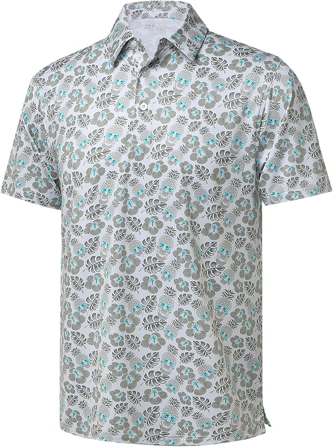Close up of men's striped moisture-wicking golf polo with reflective sleeve cuff detail