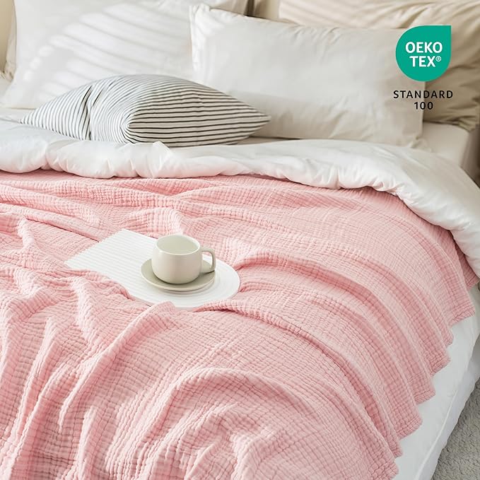 Carriediosa 100% Cotton Muslin Throw Blanket 108" X 90" King Size，4-Layers Summer Gauze Throws for Bed Couch，Soft Lightweight Breathable Linen Blankets Bedspread for Adults All Season，Dusty Pink