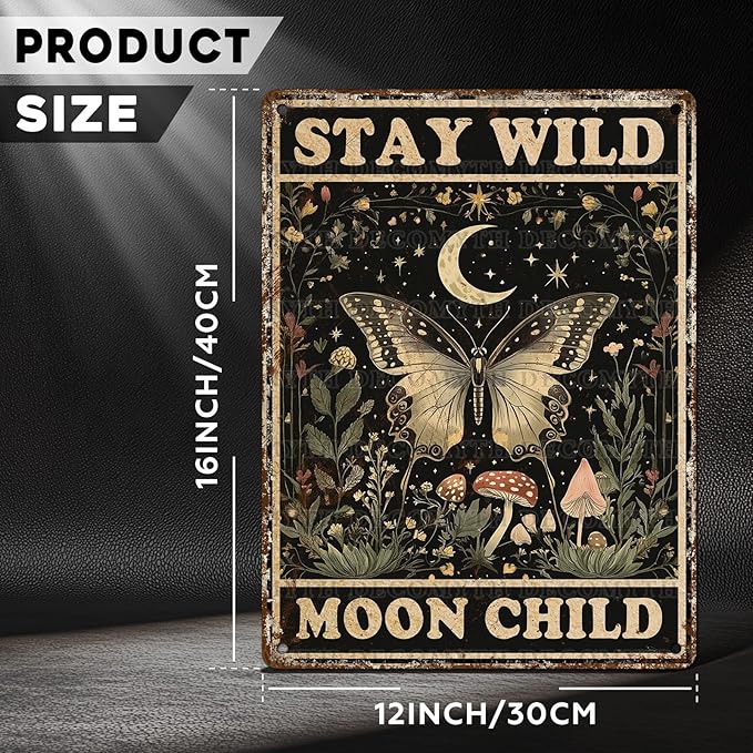 Vintage Tin Sign Butterfly Stay Wild Moon Tin Sign Retro Wall Decor for Home Office Room Wall Decor Poster 12 * 16inch