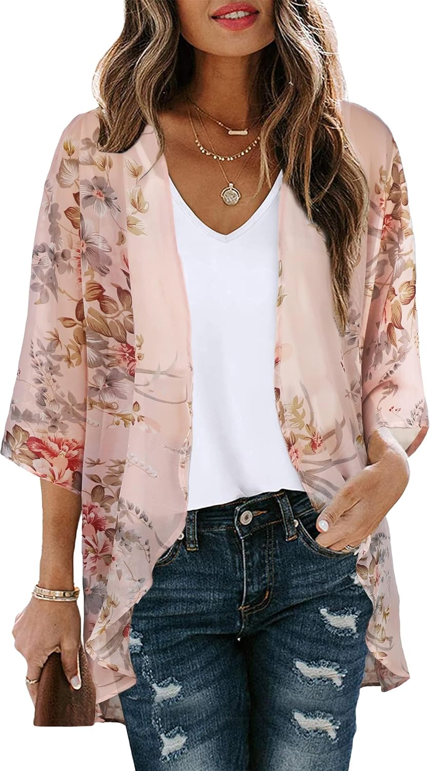Floral Print Kimono Cardigan Women Puff Sleeve Cover Up Casual Blouse Loose Top