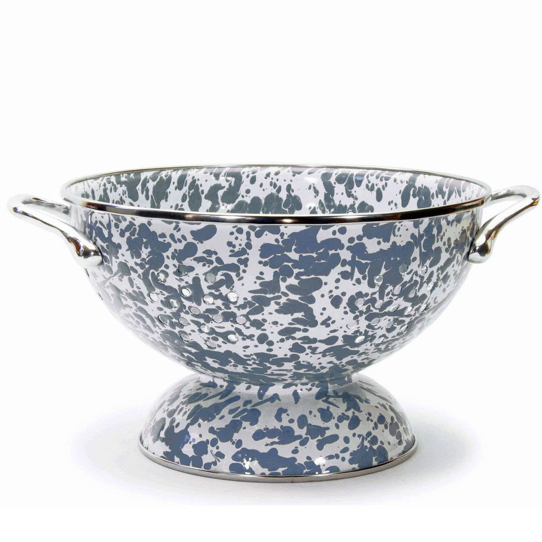 3 Quart Enamelware Colander in Blue and White Splatter Pattern