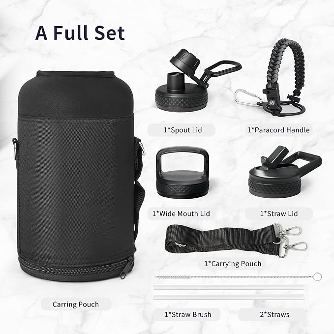 Trebo Water Bottle 64oz with Paracord Handle, Half Gallon Large Vacuum Double Wall Stainless Steel Insulated Water Jug with Straw Spout Handle Lids, Leakproof BPA-Free Keep Cold & Hot, Dark Gray