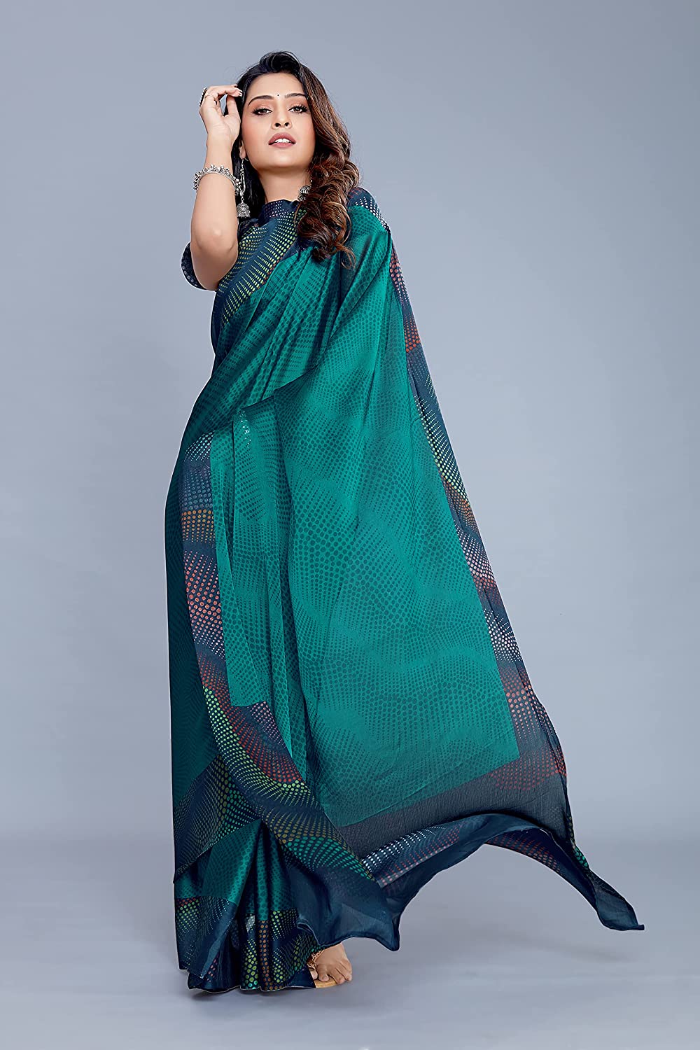 Teal Chiffon Saree with Colorful Moire Print for Festive Wear