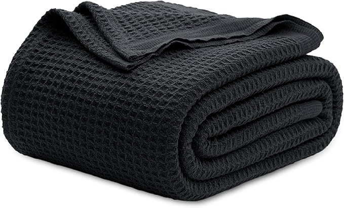 Bedsure 100% Cotton Blanket Queen Size for Bed - Breathable and Soft, Waffle Weave Blanket for Summer, Thick Cozy Fall Blankets for Women Gift, Black, 90x90 Inches