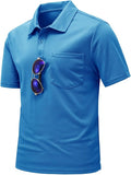 Men's short sleeve quick dry polo shirt with chest pocket and 2-button placket in a classic athletic style.