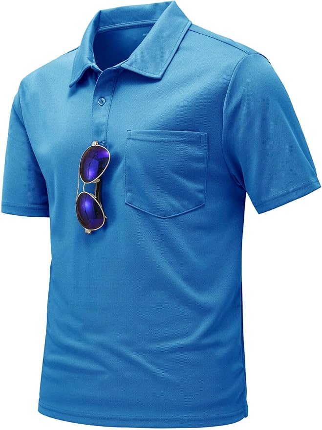 Men's short sleeve quick dry polo shirt with chest pocket and 2-button placket in a classic athletic style.