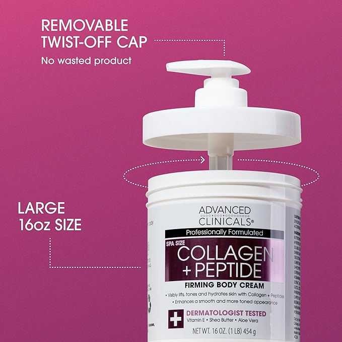 Advanced Clinicals Collagen Peptides Body Lotion & Face Moisturizer | Peptide Infused Collagen Lotion For Women & Men Helps Improve Look Of Crepey Skin, Wrinkles, & Uneven Dry Skin Texture, 16 Ounce