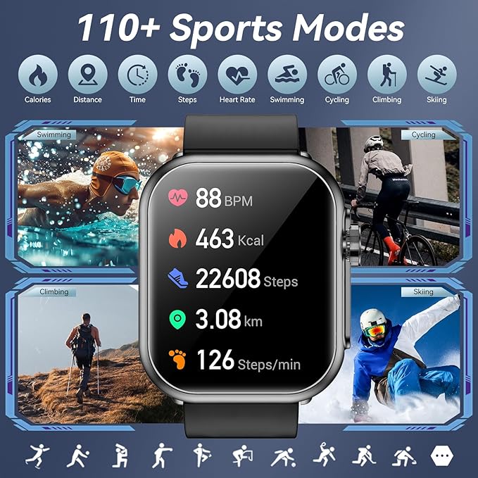Smart Watch for Men Women, 1000mAh Battery 100-Day Standby Time, 1.85" HD Screen Fitness Tracker, 110+ Sport Modes, IP68 Waterproof, Heart Rate/Sleep Monitor, Fitness Watch for Android/iPhone(Black)