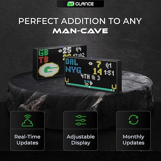 Glance LED Ticker - Customizable LED Display Sports Ticker, LED Display for Man Cave, Stock Market Ticker Display, Sports Score Retro Smart Pixel Display, Weather Display - 8"x4" Made in USA