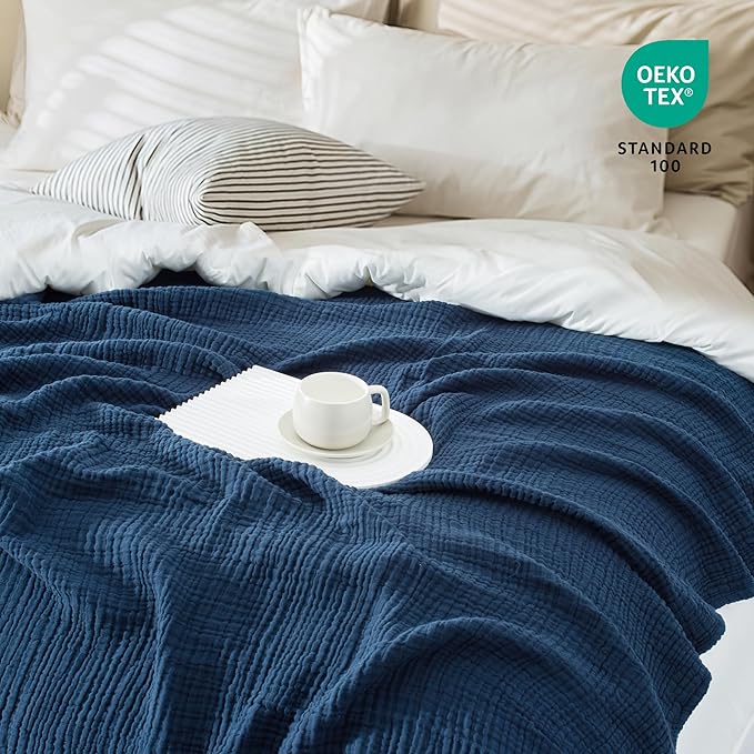 Carriediosa 100% Cotton Muslin Throw Blanket 66" X 90" Twin XL Size，4-Layers Summer Gauze Throws for Bed Couch，Soft Lightweight Breathable Linen Blankets Bedspread for Adults All Season，Navy Blue