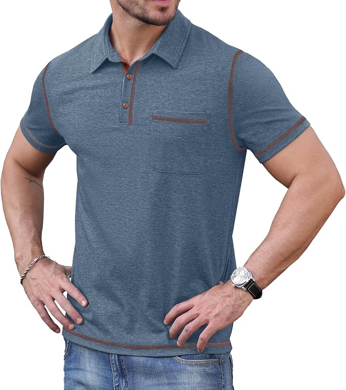 Men's Short Sleeve Polo Shirt with Pocket Casual Golf Collar