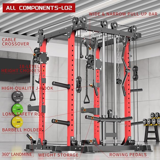 Power Cages Multi-Purpose Squat Rack with Cable Crossover System, Matching Weight Bench, Olympic Barbell Weight Set for Garage and Home Gyms