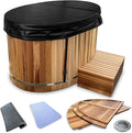 Premium 62-in. Oval Cedar Wood Cold Plunge and Hot Tub with Stainless Steel Interior, Wooden Step, Foldable Thick Cover, Headrest, and Barrel Hoop for Indoor and Outdoor Recovery Use – Tub Only