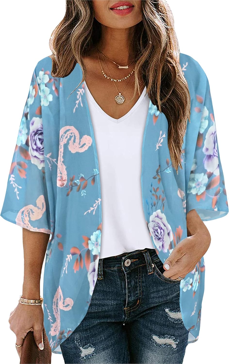 Floral Print Kimono Cardigan Women Puff Sleeve Cover Up Casual Blouse Loose Top