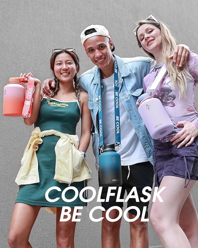 Coolflask Half Gallon Water Bottle with Strap, 64oz Insulated Water Jug Stainless Steel with Straw & Spout Lids, Metal Large Water Flask, Keep Cold 48h Hot 24h, Leak Proof & Non-BPA, Lavender
