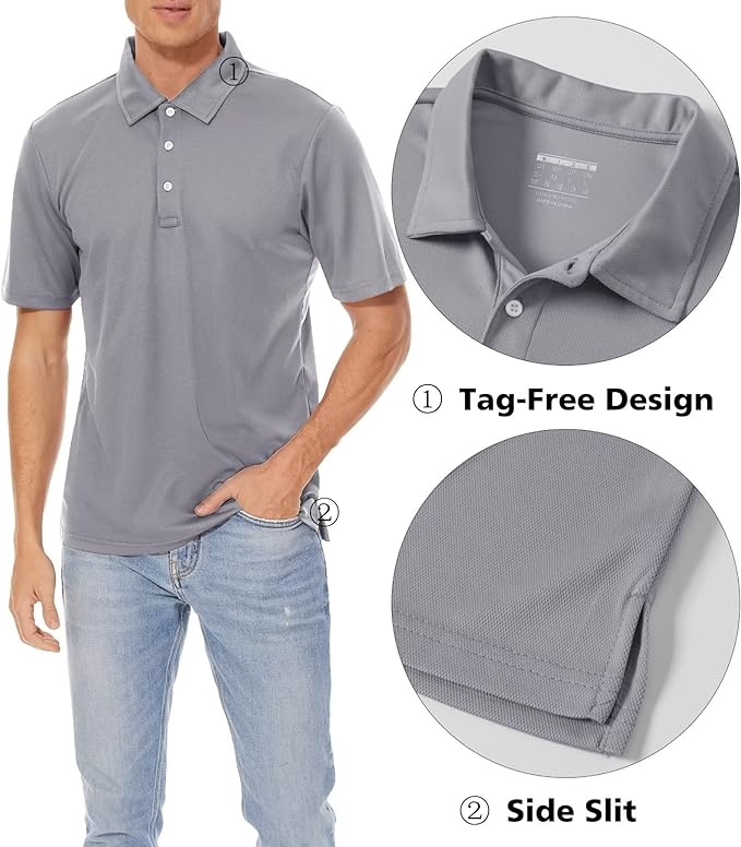 Men's Quick Dry Polo Shirt in Grey Short Sleeve Athletic Golf Top