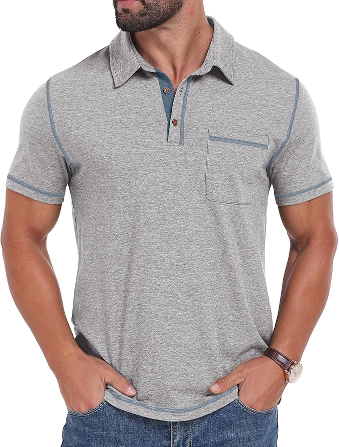Men's Short Sleeve Polo Shirt with Pocket Casual Golf Collar