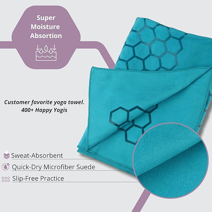 Clever Yoga Non-Slip Hot Yoga Towel – Non-Slip Grip for Hot Yoga, Sweat Absorbent, Honeycomb Silicone Grip, Stays Flat – Ideal for Pilates, Travel, Washable & Lightweight - Turquoise