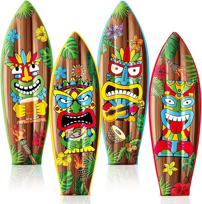 4 Pcs 36 Inch Tiki Inflatable Surf Board Tiki Party Decorations Blow up Surfboard Bar Decorations Inflatable Pool Floats for Hawaiian Luau Tropical Beach Party Supplies Outdoor Decor