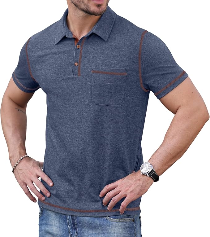 Men's Casual Short Sleeve Polo Shirt with Pocket and Contrast Trim
