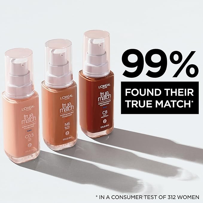L'Oreal Paris True Match Super-Blendable Foundation, Medium Coverage Liquid Foundation Makeup, N4, Light Medium, 1 Fl Oz