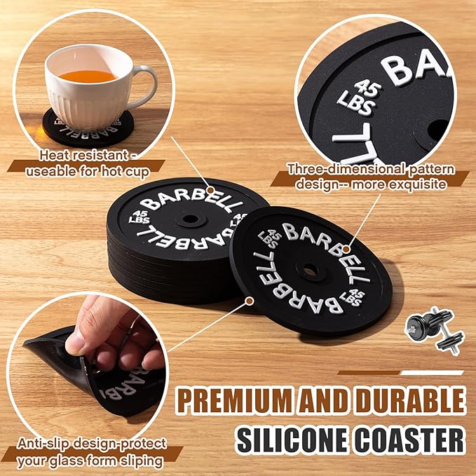 8 Pcs Barbell Bumper Plate Cool Coasters Round Silicone Coasters Weight Plate Coaster with Rack Holder for Gym Lovers Gym Accessories(Black)