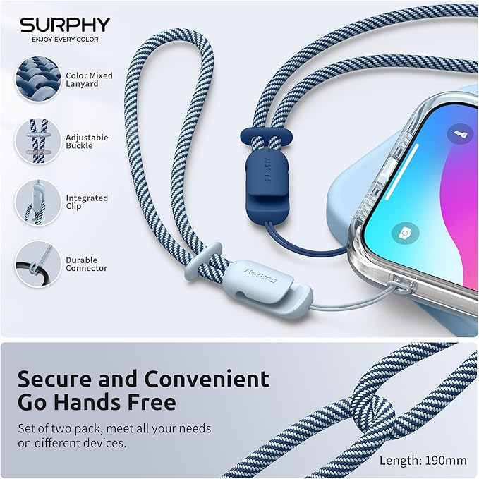 SURPHY 2 Pack Phone Lanyard for Cellphone Case, Phone Wrist Strap for Case, Cellphone Strap with 2-Color Braided, Charm Wrist Lanyard for Women and Men, Cloud Blue & Blue Jay