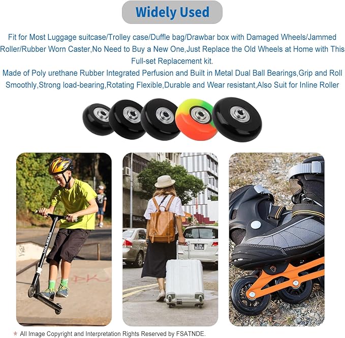 Luggage Suitcase Replacement Wheels Set of 4 PU Bearing Wheels-Install Width 0.8in/21mm with 3 Size Axles and Hacksaw for Trolley Bag Drawbar Box Smooth Rolling Repair(50mm x 18mm)