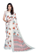 Women's White Cotton Blend Saree with Blossom Leaf Print