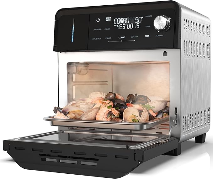 Nuwave stainless steel steam convection oven and air fryer on a kitchen counter