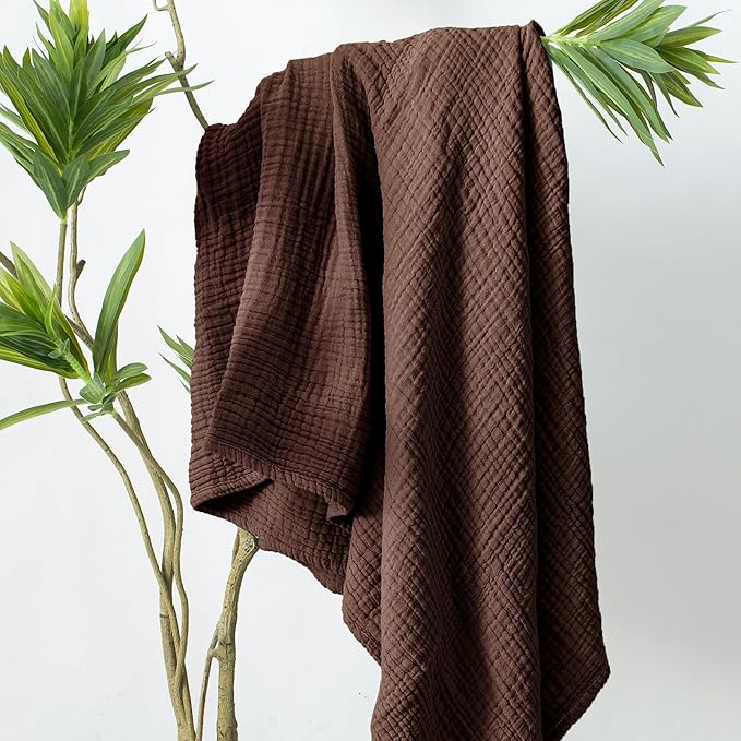 Carriediosa 100% Cotton Muslin Throw Blanket 66" X 90" Twin XL Size，4-Layers Summer Gauze Throws for Bed Couch，Soft Lightweight Breathable Linen Blankets Bedspread for Adults All Season，Dark Brown