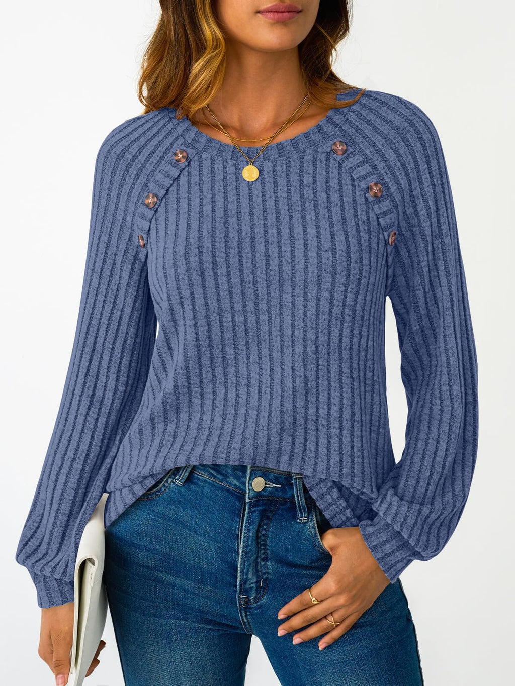 Women's Long Sleeve Tops - Fall Lightweight Sweaters with Shoulder Buttons
