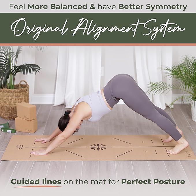 Premium Yoga Cork Mat | 5mm Thick Natural Tree Rubber Base and Bigger Mat for Extra Support, Alignment lines for Guidance | Non-Slip, Natural & Eco-friendly, Your Ultimate Eco-Friendly Yoga Companion