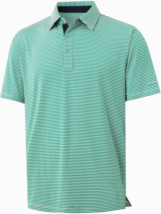 Men's striped moisture-wicking performance golf polo with reflective sleeve cuffs