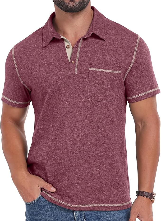 Close up of men's textured cotton short sleeve polo shirt with pocket and faux wood buttons