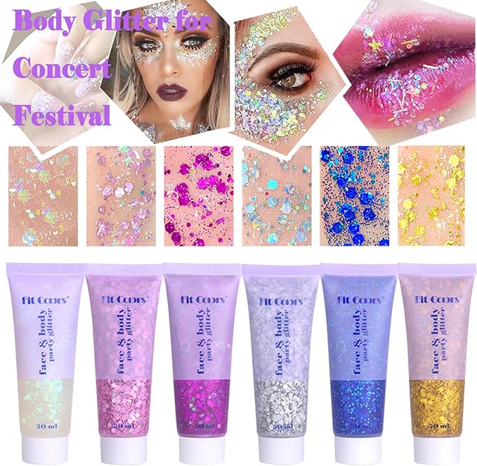 Body Glitter Face Glitter Gel: Singer Concerts Disco Festival Rave Accessories Face Glitter Makeup 150ml Chunky Sequins Mermaid Face Body Hair Glitter Gel (Orange&White&Black)