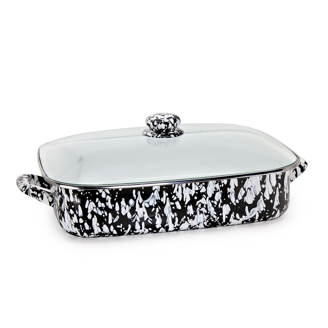 10.5qt Enamelware Roasting Pan with Tempered Glass Lid, Black Swirl