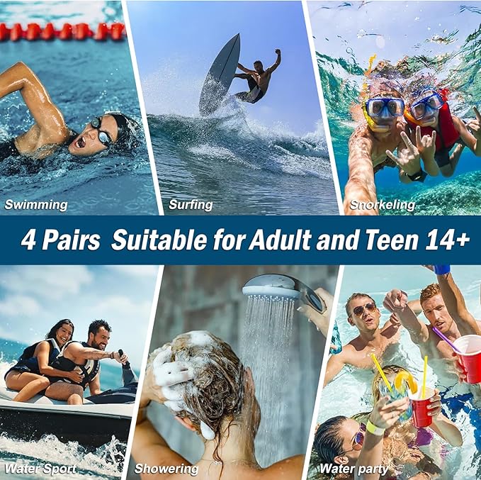 Swimming Ear Plugs for Adults, 4 Pairs Waterproof Reusable Silicone Swim Earplugs with Removable Cord, Perfect for Swimming, Showering, Surfing and Other Water Sports - Two Wearing Styles