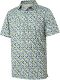Men's striped short sleeve performance golf polo shirt with moisture-wicking fabric.