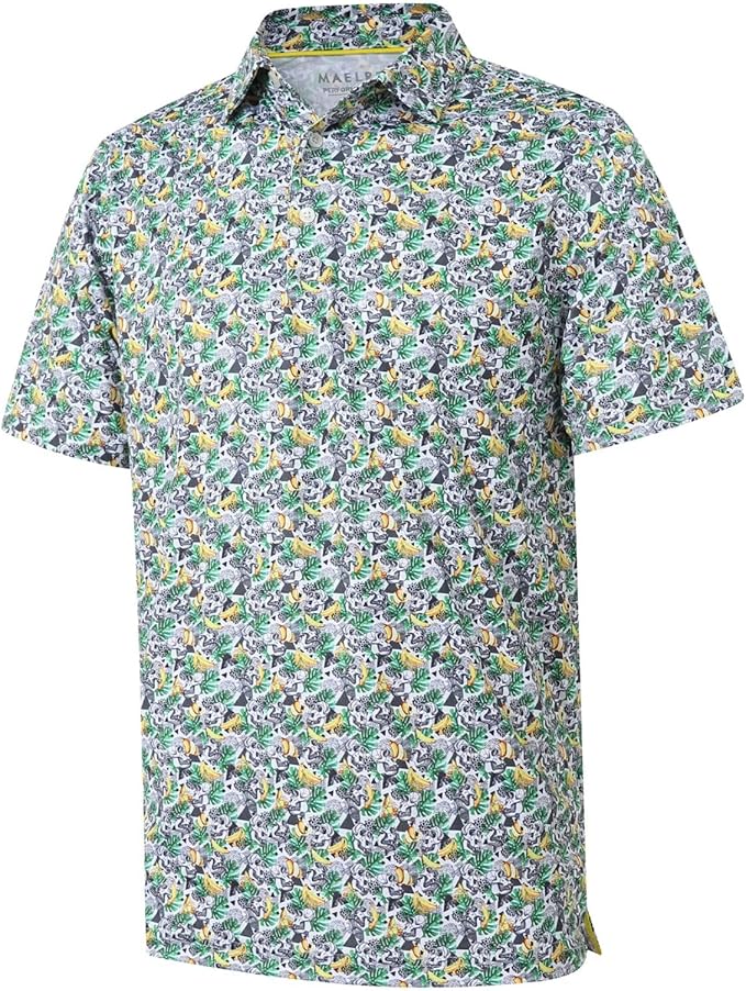 Men's striped short sleeve performance golf polo shirt with moisture-wicking fabric.