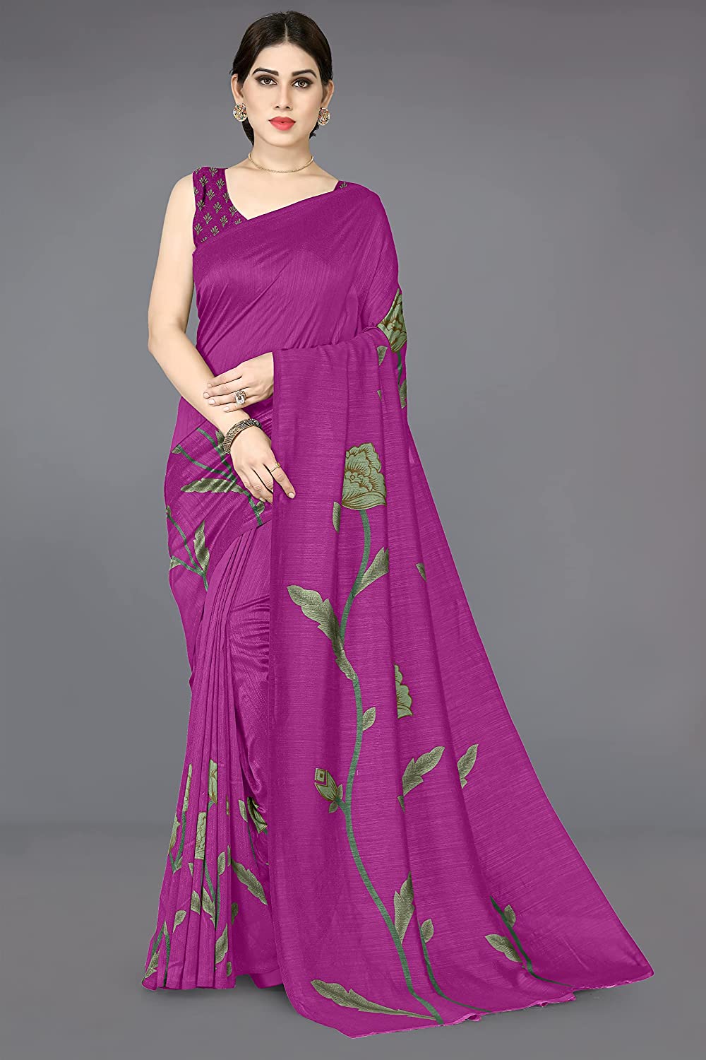 A graceful pink Vichitra Silk saree featuring a vibrant floral print with a matching pink blouse piece.