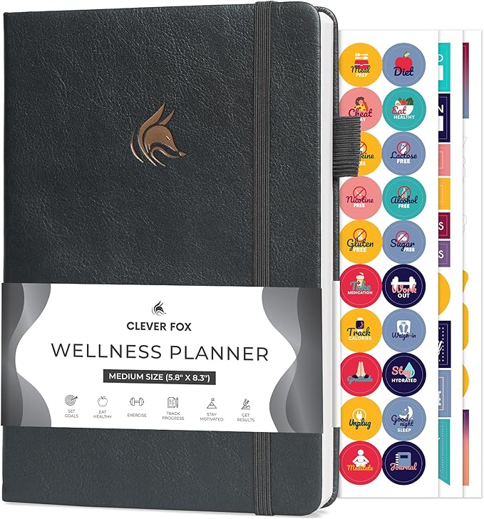 Clever Fox Wellness Planner - Weekly & Daily Health and Wellness Log, Food Journal & Meal Planner Diary for Calorie Counting, Notebook for Medical Condition Tracking, A5-Sized - Silver Black