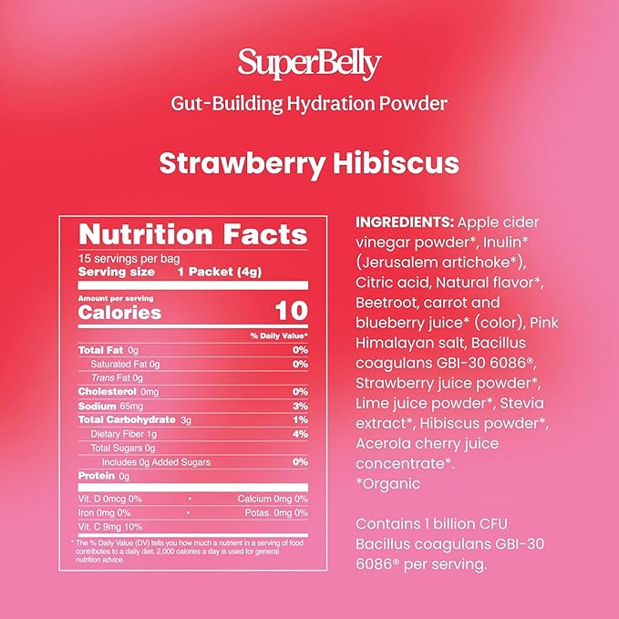 Blume New SuperBelly Gut Health and On-The-Go Hydration Packets, Sugar-Free, with Prebiotics, Probiotics, Apple Cider Vinegar, Vitamin C, and Electrolytes, Strawberry Hibiscus, 15 Sticks