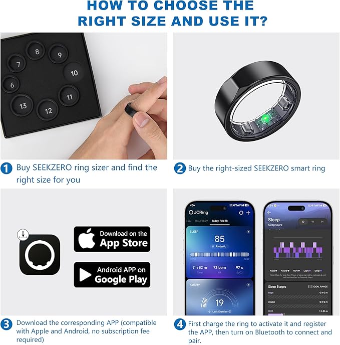 Smart Ring for Women Men - Titanium Health Fitness Tracker Ring with Heart Rate, Step Counting, Calories, Sleep & Stress Monitor for iPhone and Android, No Subscription Fee (Black, 9)