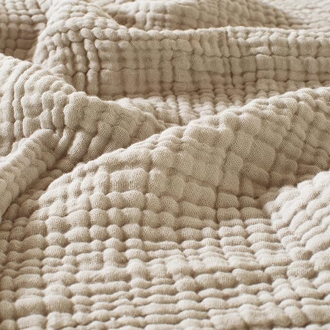 Carriediosa 100% Cotton Muslin Throw Blanket 108" X 90" King Size，4-Layers Summer Gauze Throws for Bed Couch，Soft Lightweight Breathable Linen Blankets Bedspread for Adults All Season，Khaki
