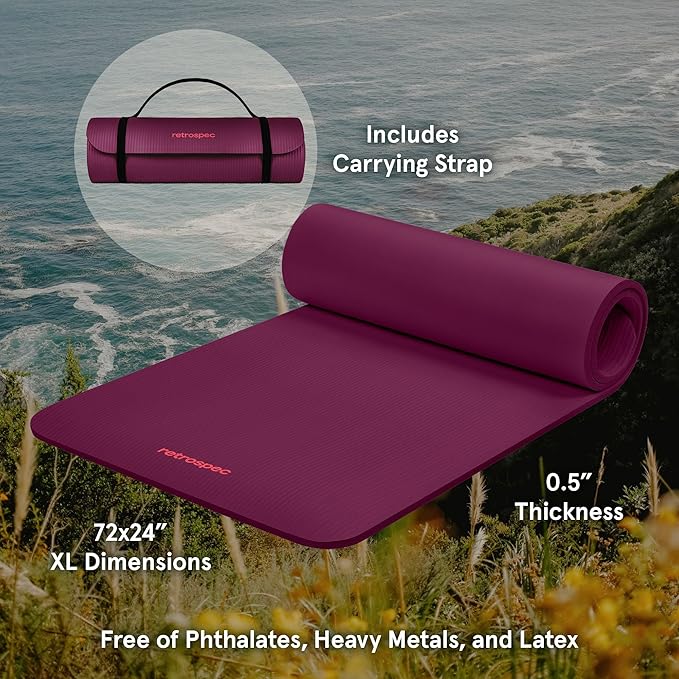 Retrospec Solana Yoga Mat 1/2" Thick w/Nylon Strap for Men & Women - Non Slip Exercise Mat for Yoga, Pilates, Stretching, Floor & Fitness Workouts
