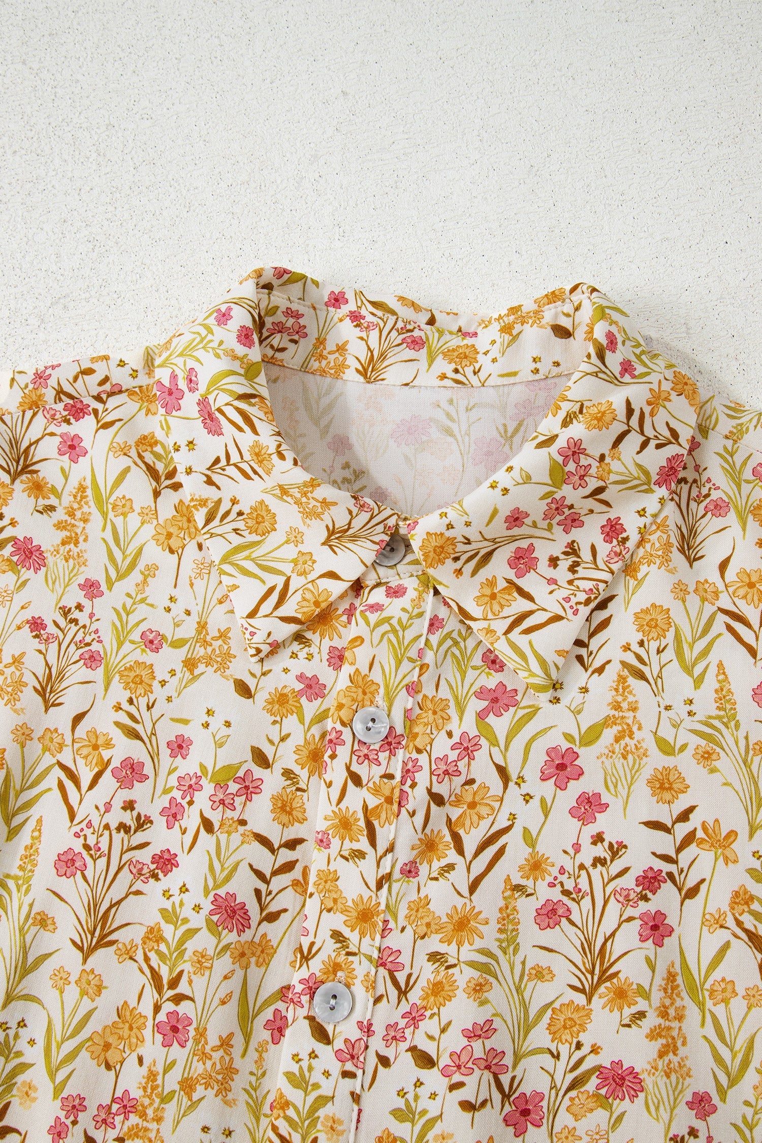 Yellow Floral Print Frilly Trim Smocked Cuff Long Sleeve Shirt Dress